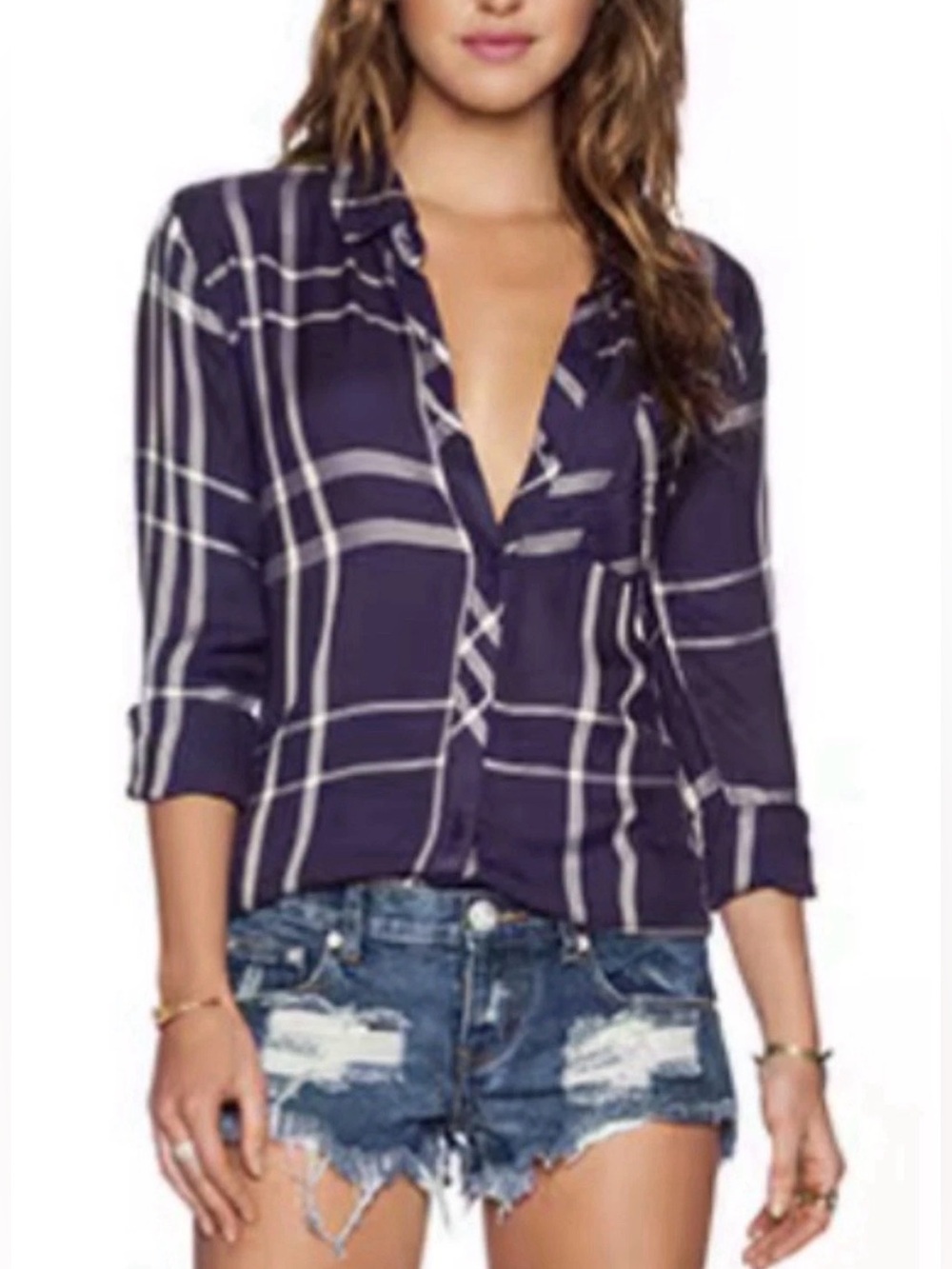 Navy Plaid Button-Down Women's Top